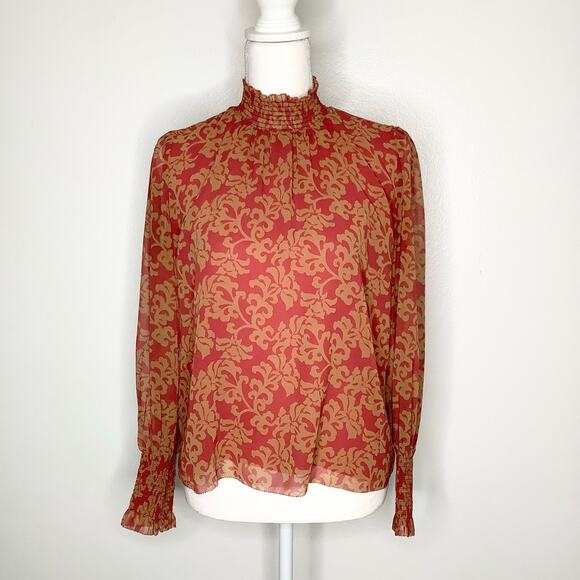 Aritzia Wilfred Valencia Rosy Red Maplewood Mock Neck Puff Sleeve Blouse XS - Picture 2 of 10
